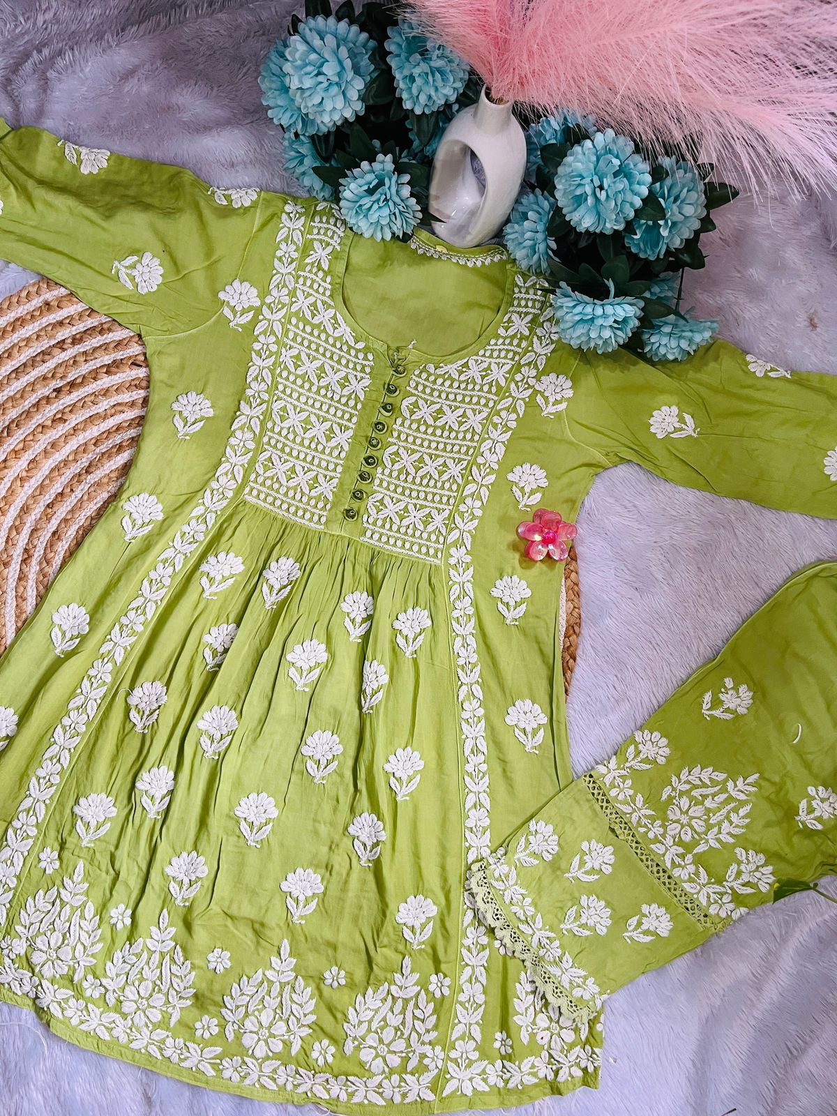 Dyeable Modal Short Gown Set with Styled Pants – 3D Work Party Wear Ensemble
