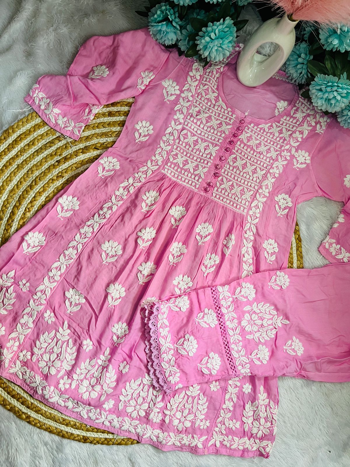 Dyeable Modal Short Gown Set with Styled Pants – 3D Work Party Wear Ensemble