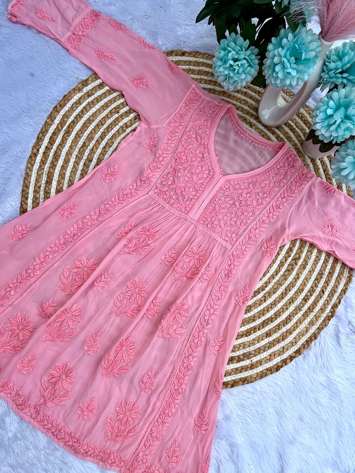 Elegant Viscose Short Gown with Intricate 3D Embroidery – Festive & Party Wear