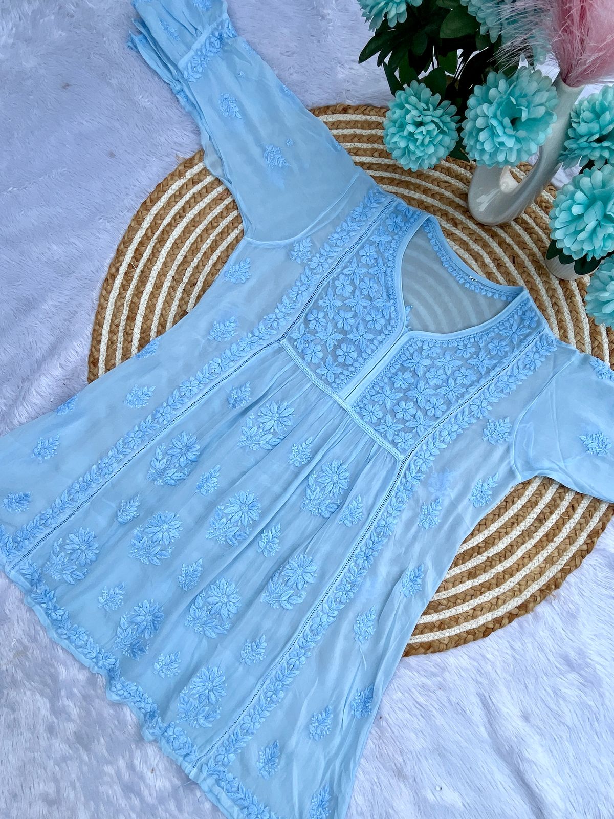 Elegant Viscose Short Gown with Intricate 3D Embroidery – Festive & Party Wear