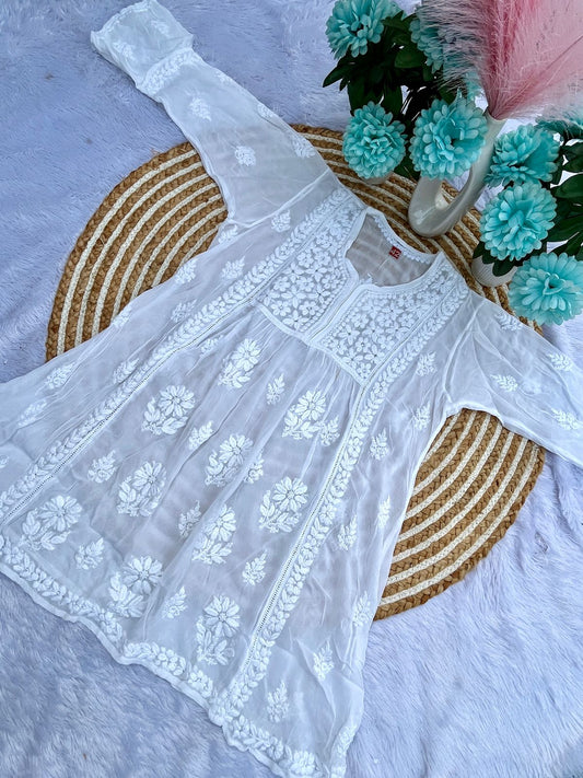Elegant Viscose Short Gown with Intricate 3D Embroidery – Festive & Party Wear