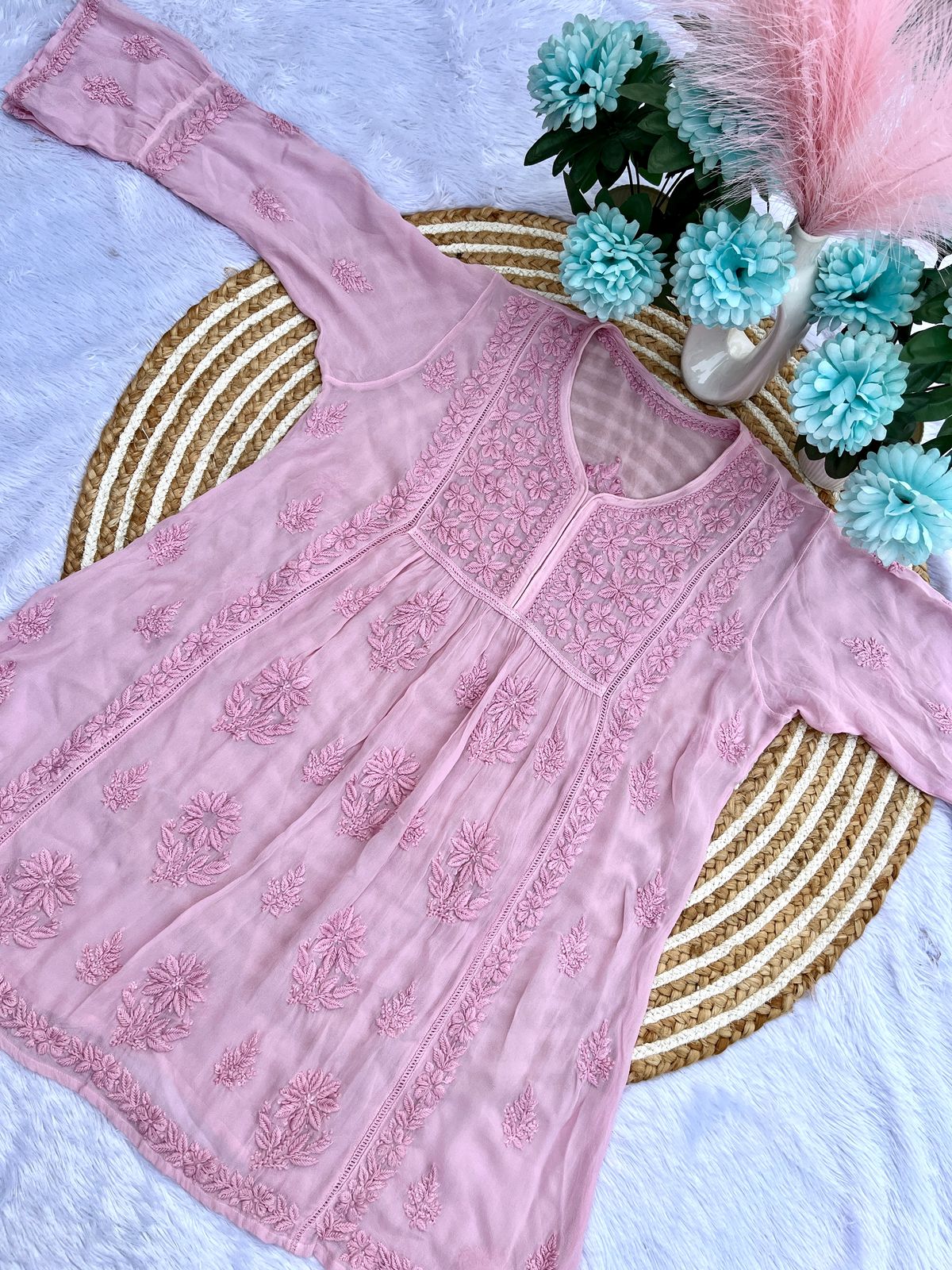 Elegant Viscose Short Gown with Intricate 3D Embroidery – Festive & Party Wear